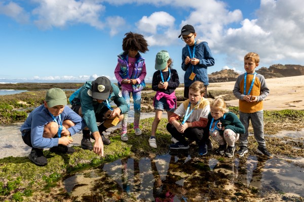 Park ranger and a group of children gathered around and looking at a rockpool.